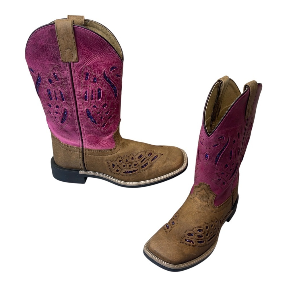 Shyanne Chloe Glitter Brown Pink Leather Square Toe Western Boots Girl’s Size 4